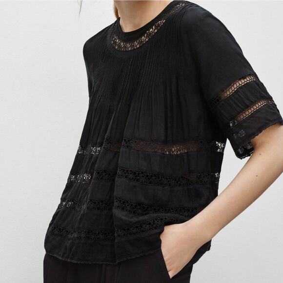 Aritzia Wilfred Beaudry Top XS Black Pintuck Pleated Crochet Peasant Blouse Chic - Picture 2 of 11